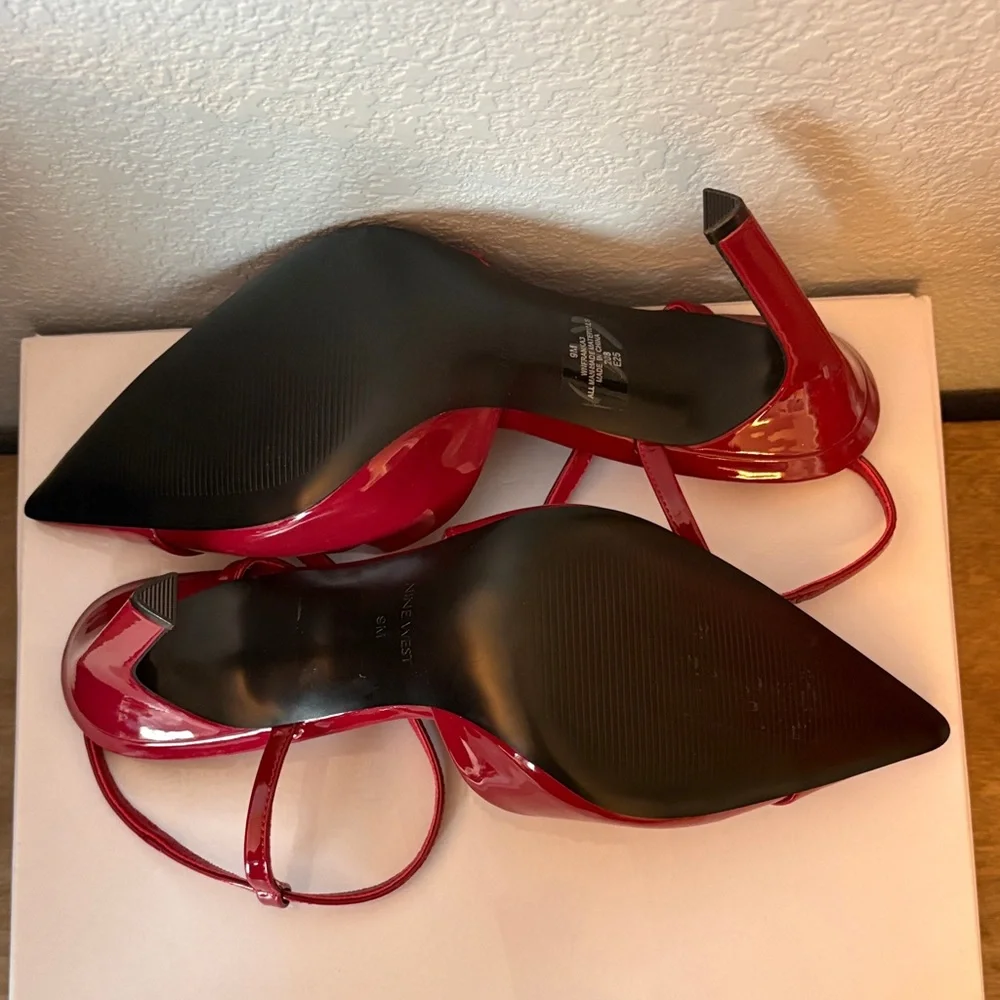 Nine West Red Patent Pointed-Toe Stiletto Heels with Ankle Straps - Picture 5 of 8